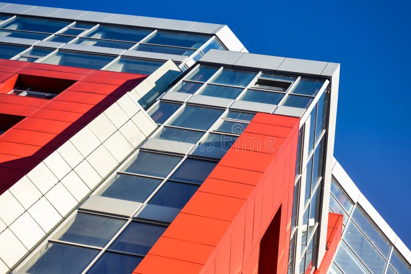Red blue modern building facade