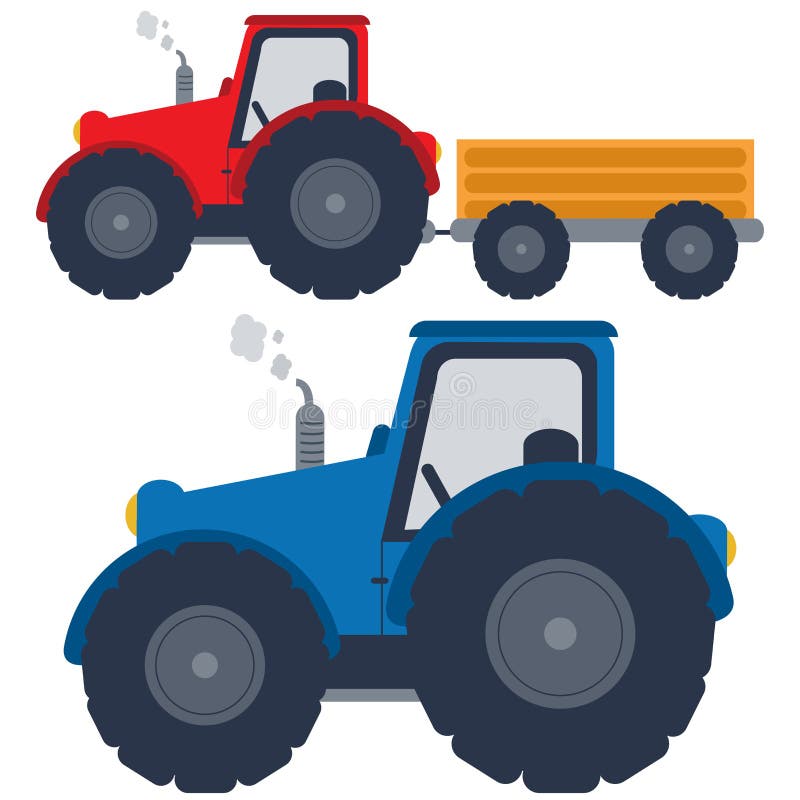 Red and Blue Tractors with Trolley Stock Vector Illustration of farm