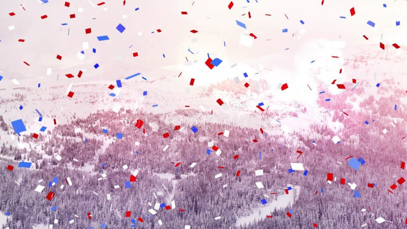 Red, blue, and white confetti animation over snowy mountain landscape stock video