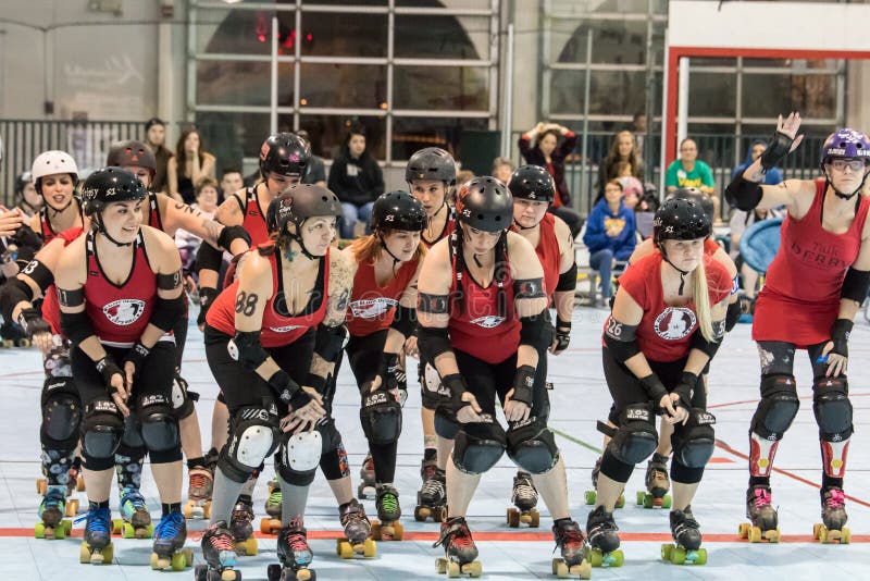 Redding, California:All the skaters from the Red Bluff Derby Girls team skate a introduction lap in a bout against Shasta Roller Girls. Redding, California:All the skaters from the Red Bluff Derby Girls team skate a introduction lap in a bout against Shasta Roller Girls.