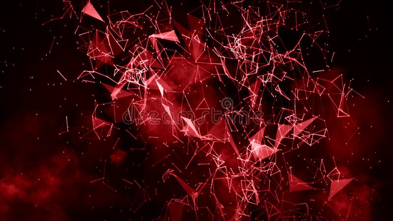 Red blurred abstract plexus particle effect background. Mess communication technology network background with moving lines and stock photo