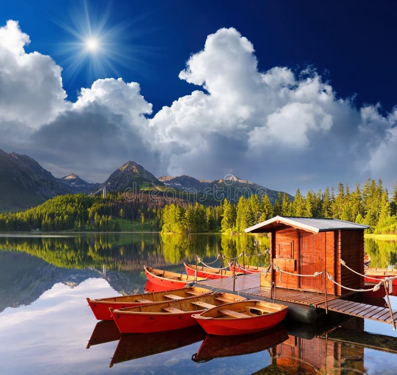 Red Boat In A Mountain Lake Stock Image - Image of park ...