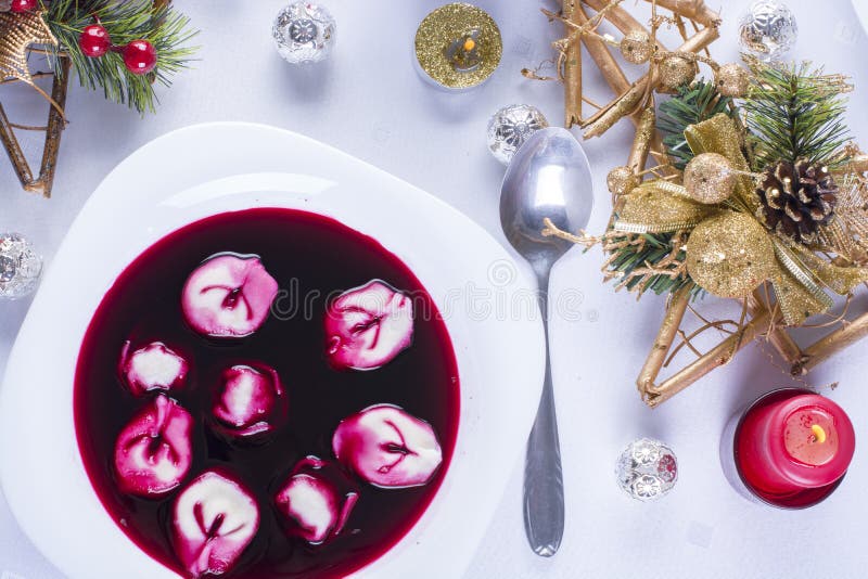 Red borsch with uszka, traditional Christmas Eve dish