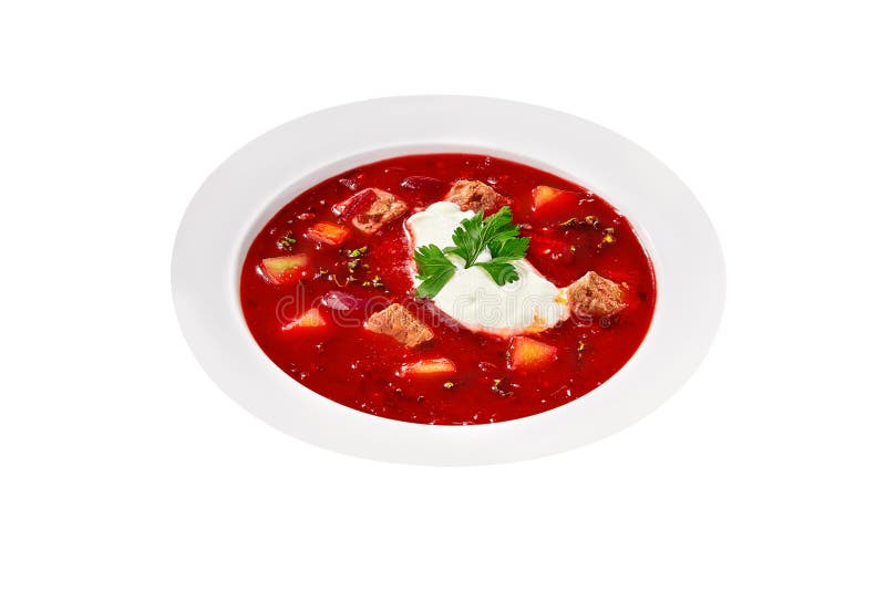 Red Borscht with Sour Cream Isolated on White Background Stock Photo ...