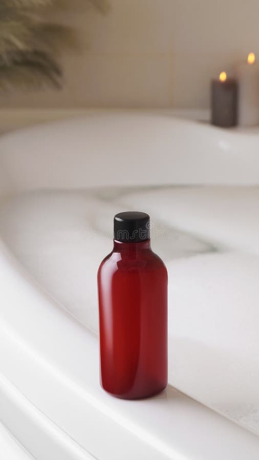 Red Bottle of Bubble Bath on Tub Indoors Stock Photo Image of foam
