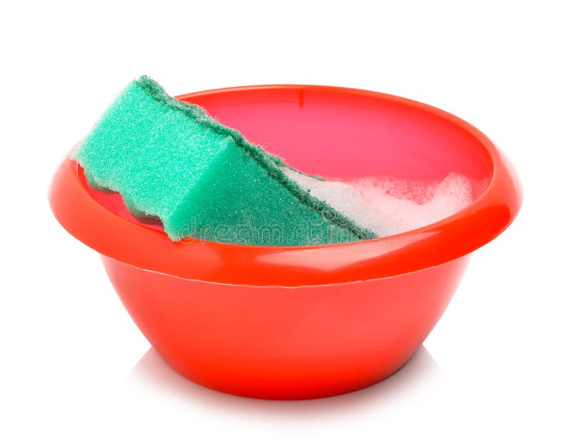 Red bowl and green sponge with foam stock photos Red bowl and green sponge with foam stock photos