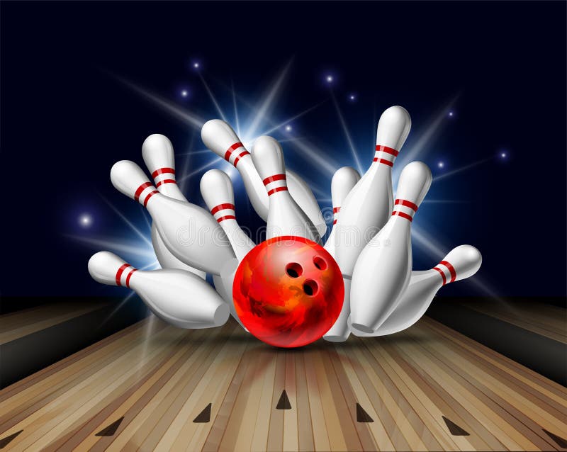 Red Bowling Ball crashing into the pins on bowling alley line. 
