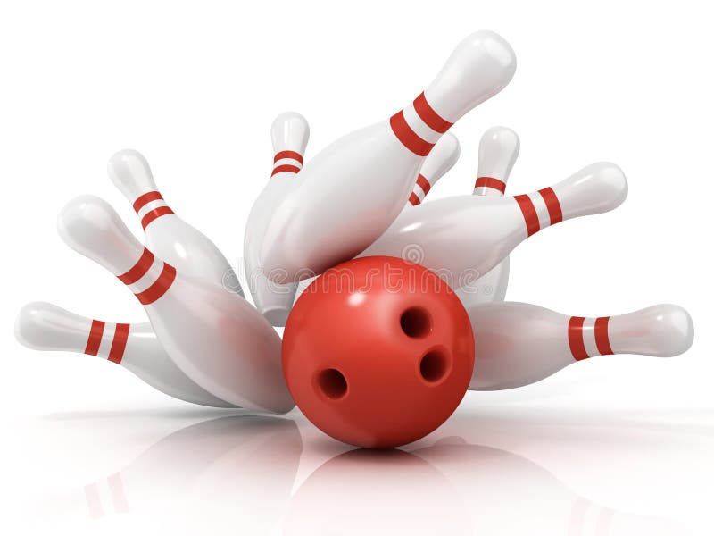 Red bowling ball and scattered pin.