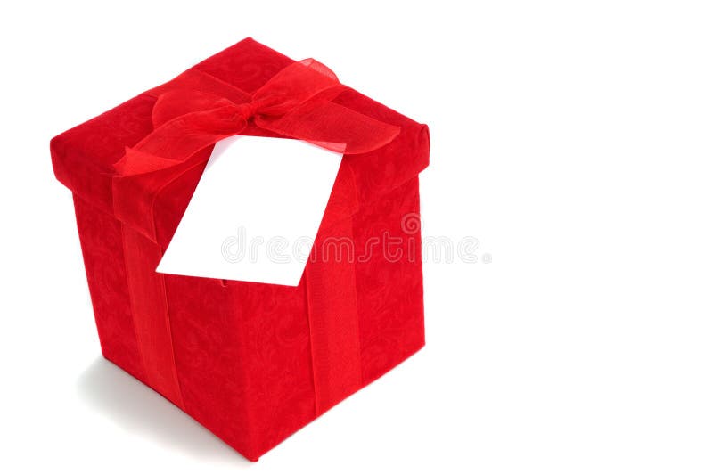 Red Gift Box With A Blank White Card Ready For Your Message. Red Gift Box With A Blank White Card Ready For Your Message