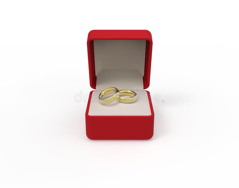 Red box with two engagement gold rings on a white background 3d vector illustration Red box with two engagement gold rings on a white background 3d vector illustration