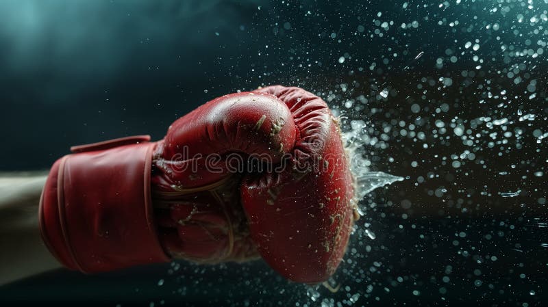 A red boxing glove is hitting a water bottle, causing the water to splash. A red boxing glove is hitting a water bottle, causing the water to splash.