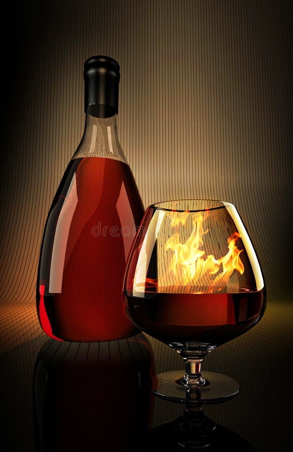 Red Brandy Whiskey Cognac Bottle with Glass and Flames Mockup Stock