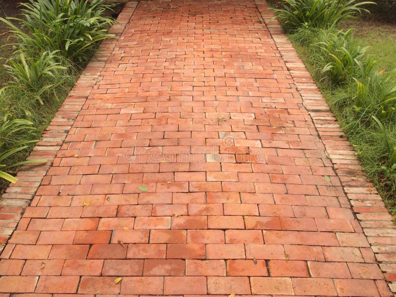 Red brick block stone footpath with grass in the garden royalty free stock photo