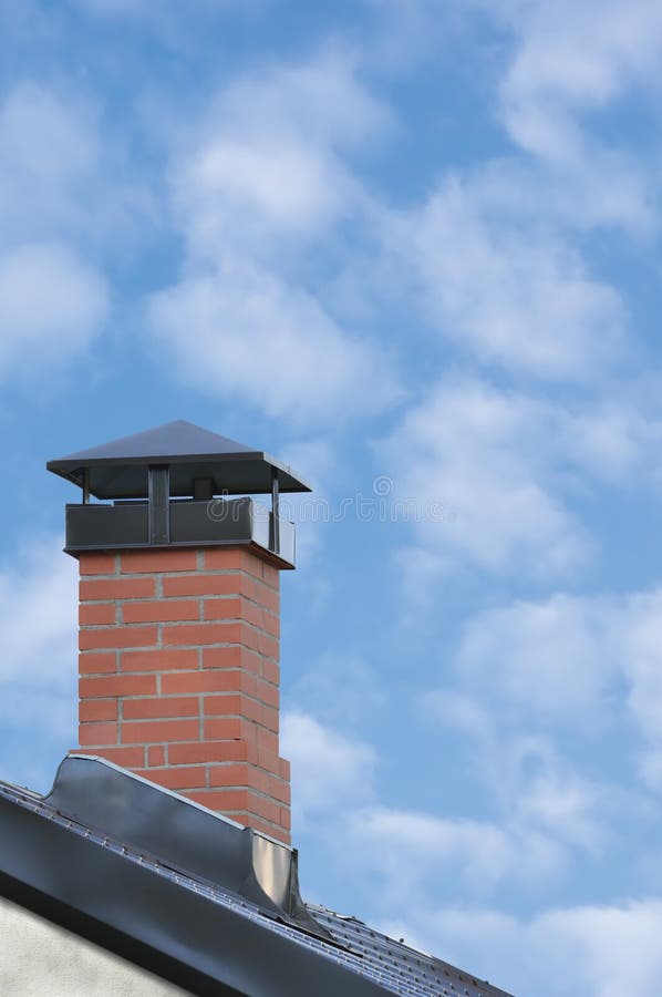 Red Brick Chimney, Grey Steel Tile Roof Texture, Gray Tiled Roofing, Large Detailed Vertical Closeup Modern Residential House