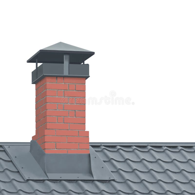 Red Brick Chimney, Grey Steel Tile Roof Texture, Isolated Tiled Roofing, Large Detailed Vertical Closeup, Modern Residential Hous 库存图片
