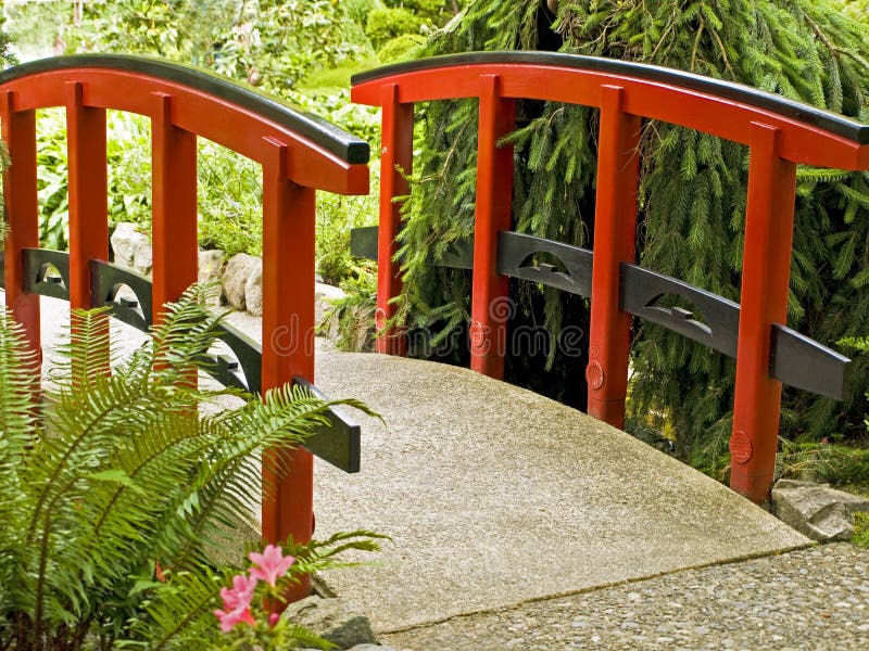 Red Bridge in Japanese Garden Stock Image Image of landscaping