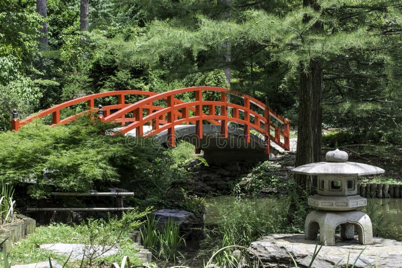 A Red Bridge Over a Pond in the Forest Stock Photo Image of bridge
