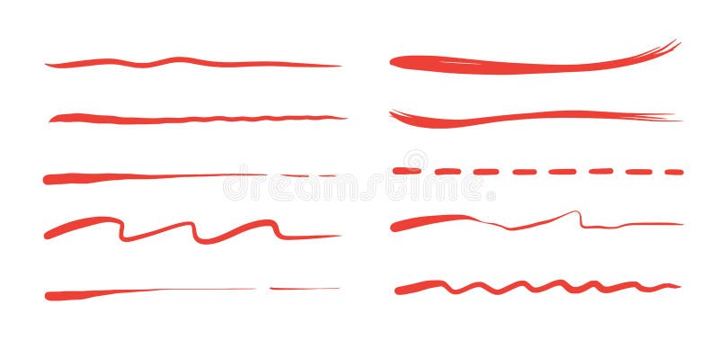 Swoosh, swash underline stroke set. Hand drawn red swirl swoosh underline  calligraphic element. Vector illustration. Stock Vector