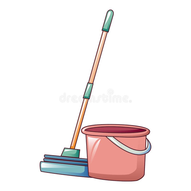 Red Bucket Sponge Mop Icon, Cartoon Style Stock Vector Illustration