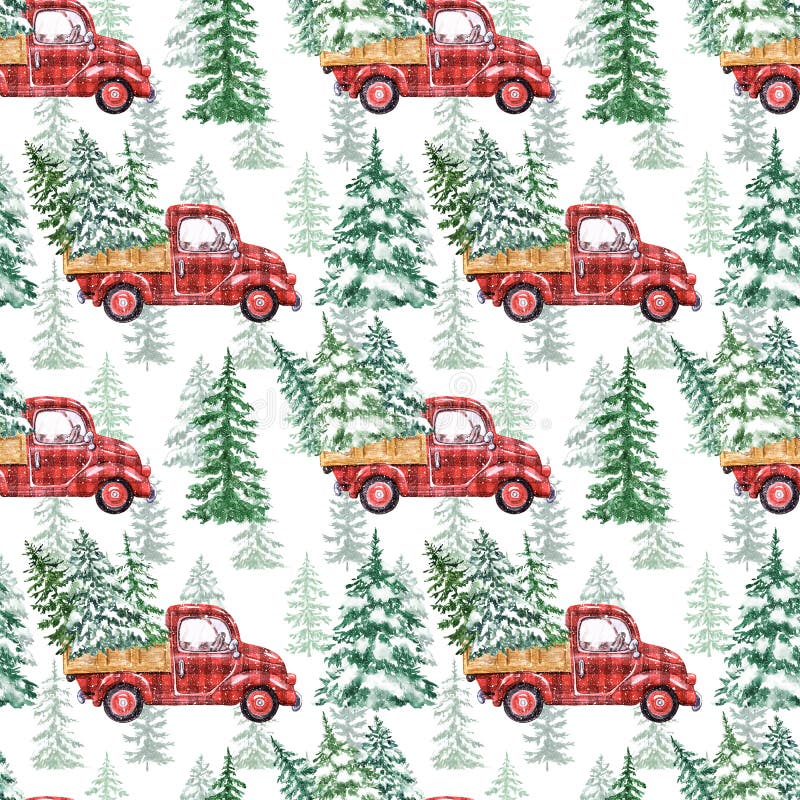 New Year 2022 Xmas printable Spruce Christmas Truck Seamless Pattern pack Watercolor Christmas Digital Paper Instant Download Pine
