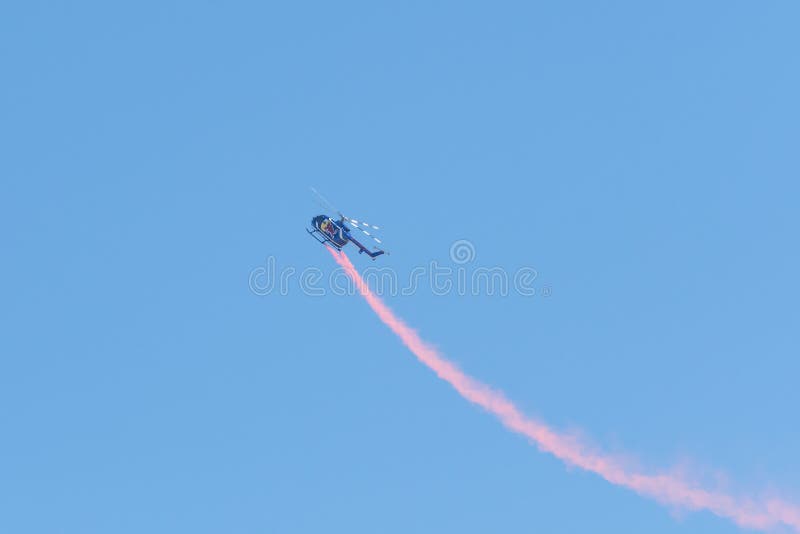 Red Bull aerobatic helicopter during the Miramar Air Show royalty free stock image Red Bull aerobatic helicopter during the Miramar Air Show royalty free stock image