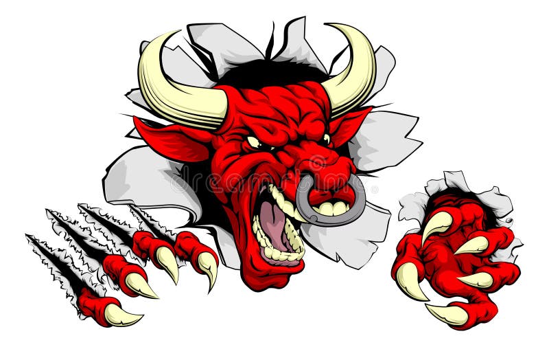 Tvrdý red bull zvierat športové maskot lámanie cez stenu.