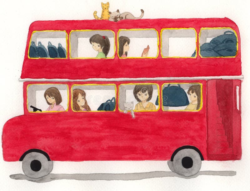 Red bus with girls and cat illustration in water color painting style