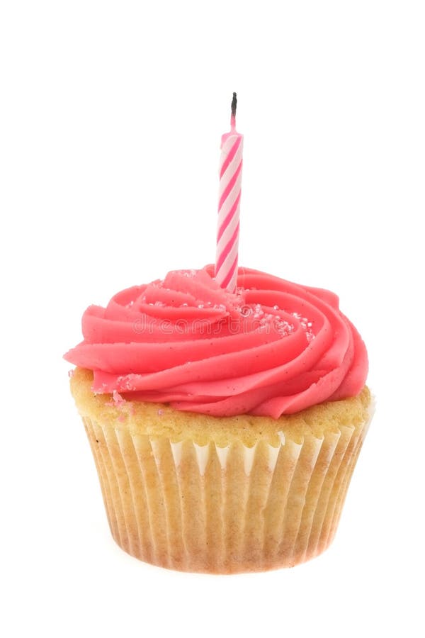 Red buttercream iced cupcake with a single birthday candle. Studio shot with a white background royalty free stock photography Red buttercream iced cupcake with a single birthday candle. Studio shot with a white background royalty free stock photography