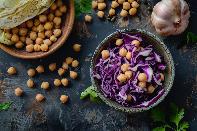 Red cabbage with chickpeas in bowls on the table stock illustration