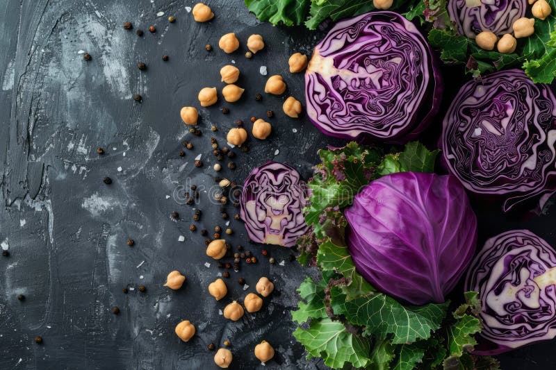 Red cabbage with chickpeas on the table vector illustration