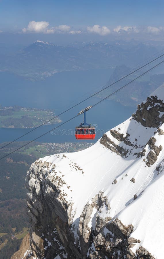 Red Cable Car, Lake Lucerne and Swiss Alps Stock Image Image of