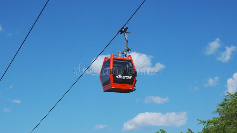 Red cable cars in summer, cableway on Pohorje mountain, near Maribor, Slovenia