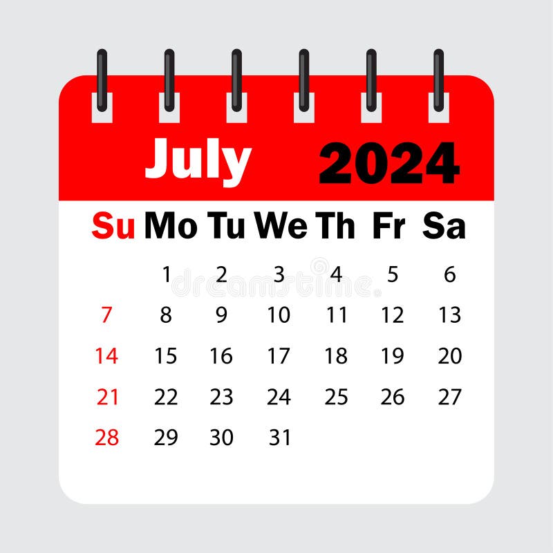 Red Calendar Leaf Spring. July 2024 Calendar. Calendar Sheet with Days