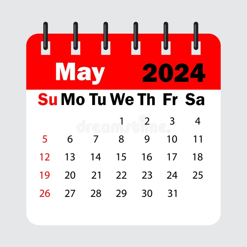 Red Calendar Leaf Spring. May 2024 Calendar. Calendar Sheet with Days