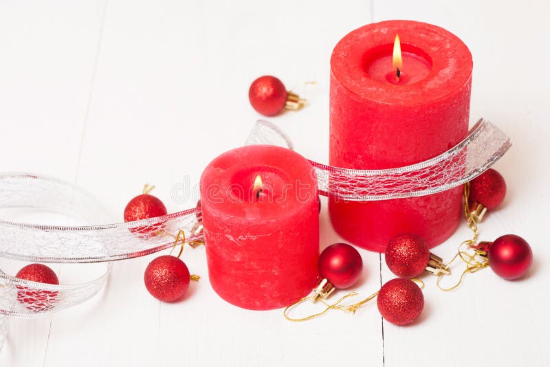 Red Candles and Christmas Decorations Stock Image Image of bright