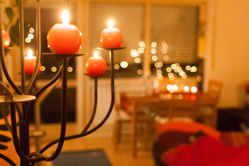 Red Candles Lighting a House in Christmas Time Stock Image Image of