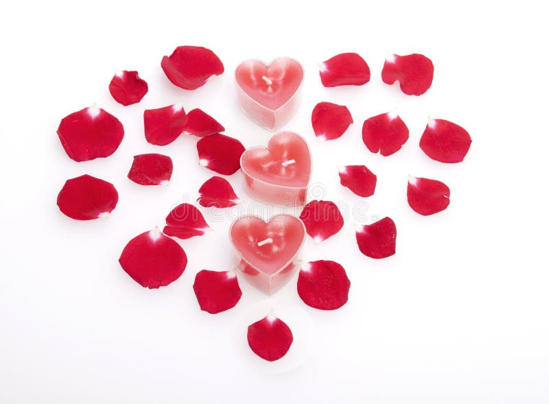 Red roses petals, candles, dating accessories, boxed gifts, hearts