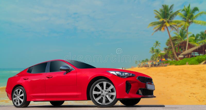 Red Car on the Beach and Palm Trees Background. Editorial Stock Image