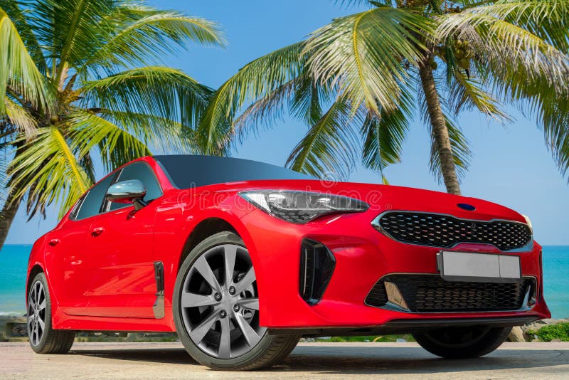 Red car on the beach and palm trees background.