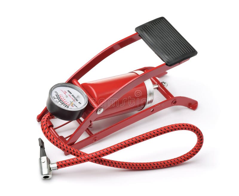 Red car tyre foot pump stock image. Image of black, pump 209919923
