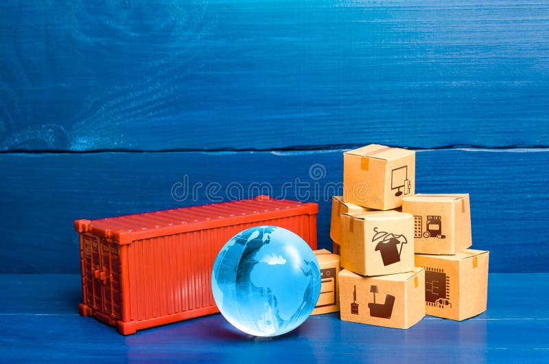 Red cargo container with boxes and blue globe of planet Earth. Global international trade in goods. World economy, economic ties.