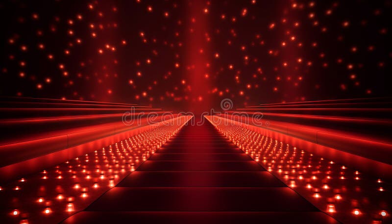 Red Carpet Bollywood Stage, Maroon Steps Spot Light Backdrop of the Golden Regal Awards. Generative ai