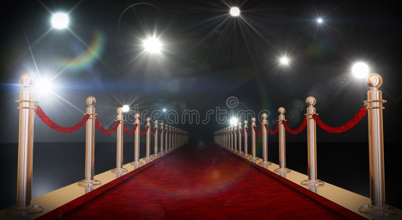 Červený koberec s zlaté překážky, sametové lana a světla v pozadí.