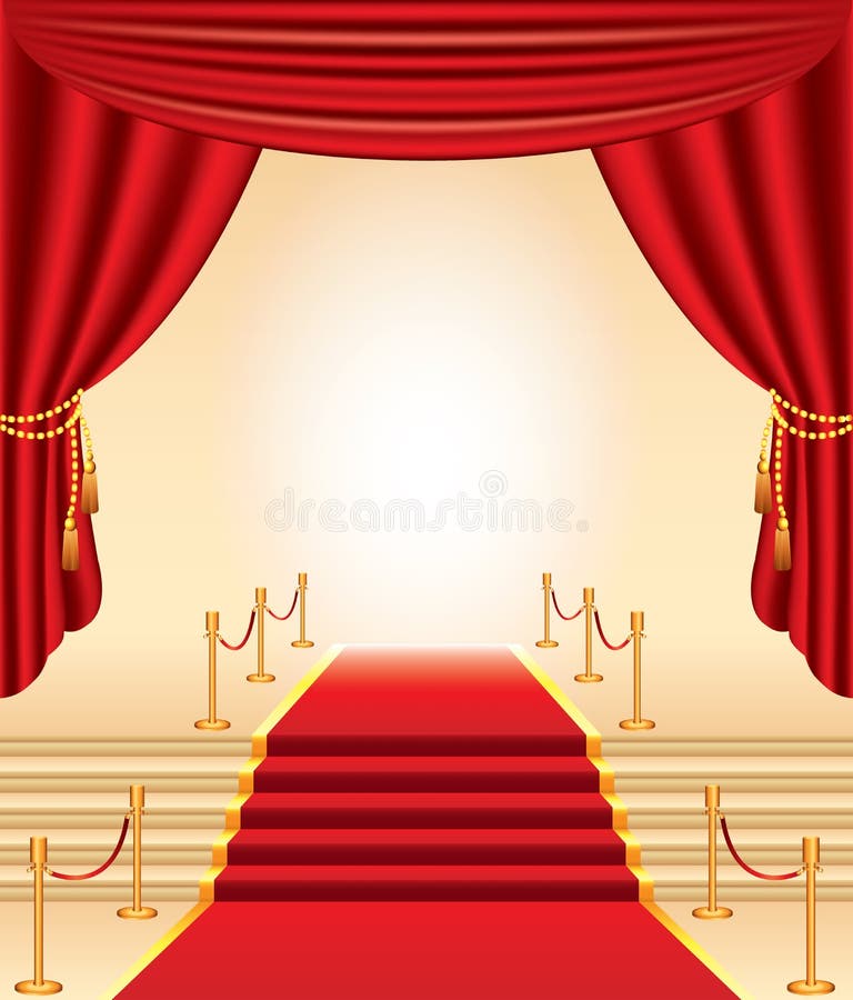 Red carpet, golden stanchions, stairs and curtains