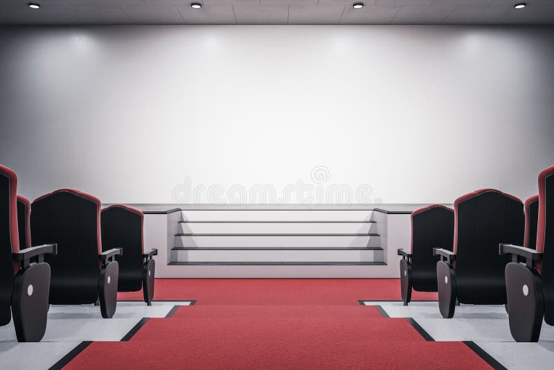 Red carpet hall with front view on blank wall royalty free illustration