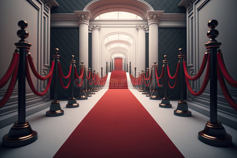 Red Carpet Hallway with Barriers and Red Ropes for Cinema. Ai