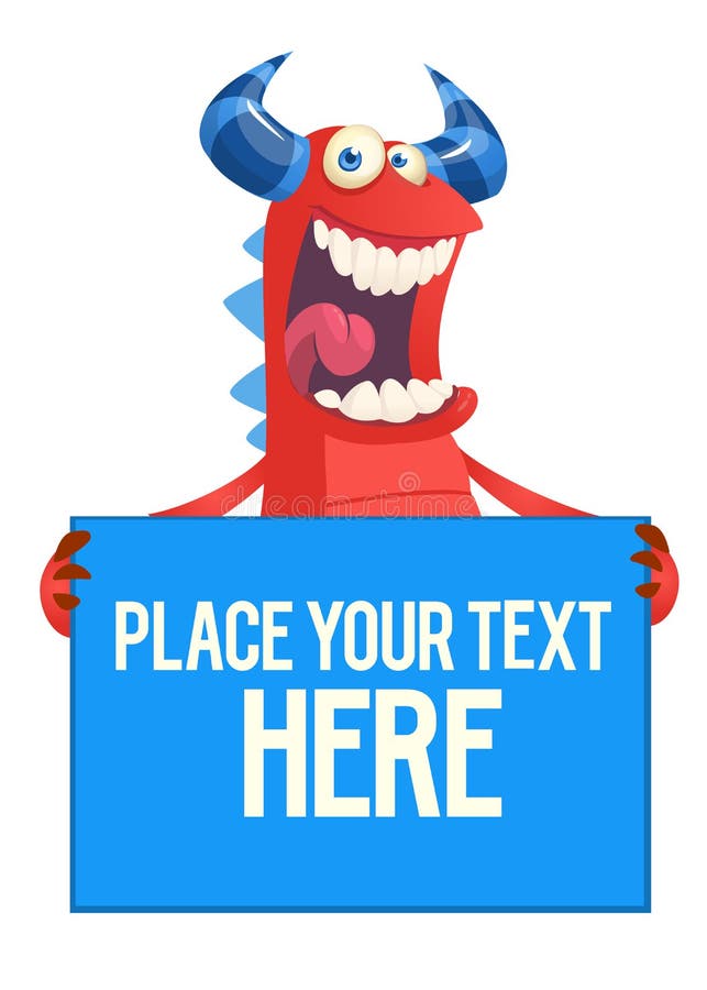 Red cartoon monster devil holding empty sheet. stock illustration