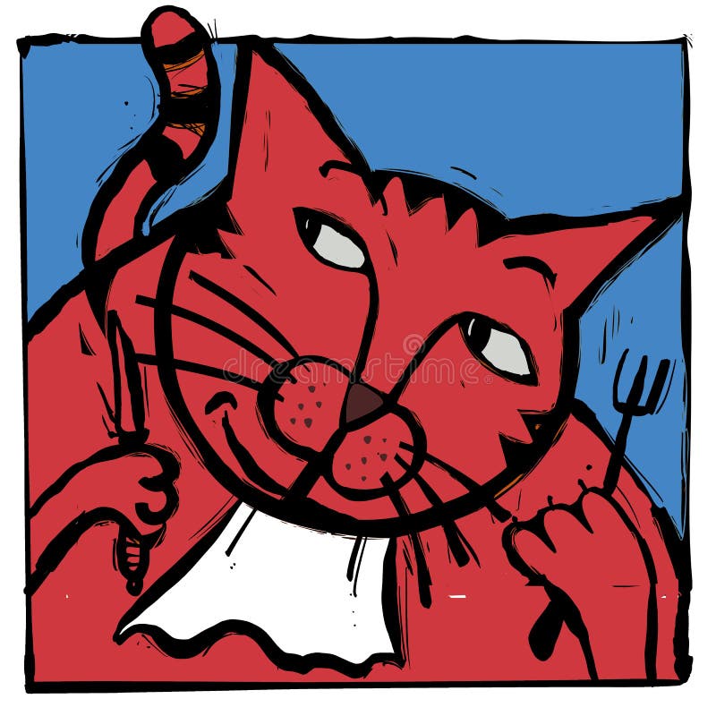 Red cat in linocut style against blue background looking to the side with a knife, fork and bib. Red cat in linocut style against blue background looking to the side with a knife, fork and bib.