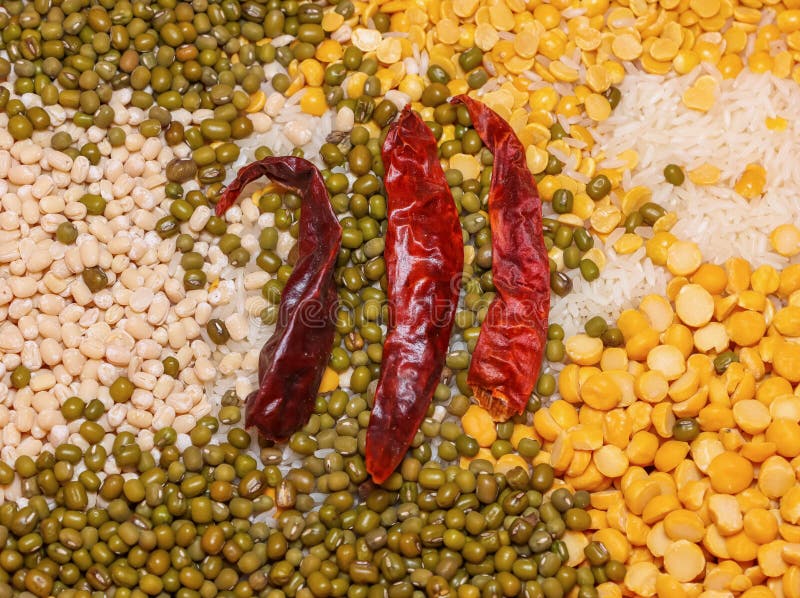 Red Cayenne Pepper on Different Legume for Indian Dish Called Dosa Batter Mix. Stock Image