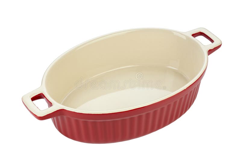 Red Ceramic Baking Dish on a White Background. Empty Oval Baking Dish